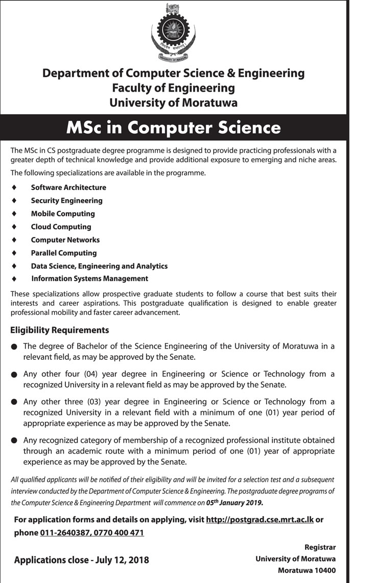 MSc in Computer Science - Faculty of Engineering - University of Moratuwa